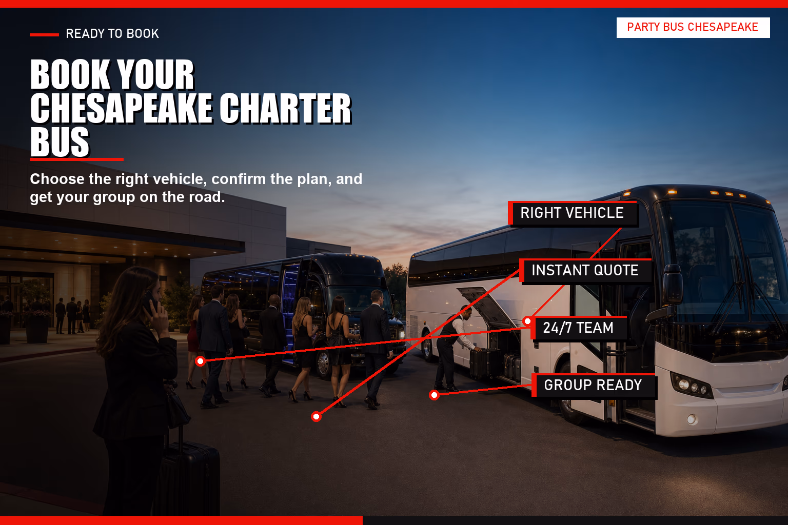 Annotated professional motorcoach pickup image with callouts for right vehicle, instant quote, 24/7 team, and group-ready booking.