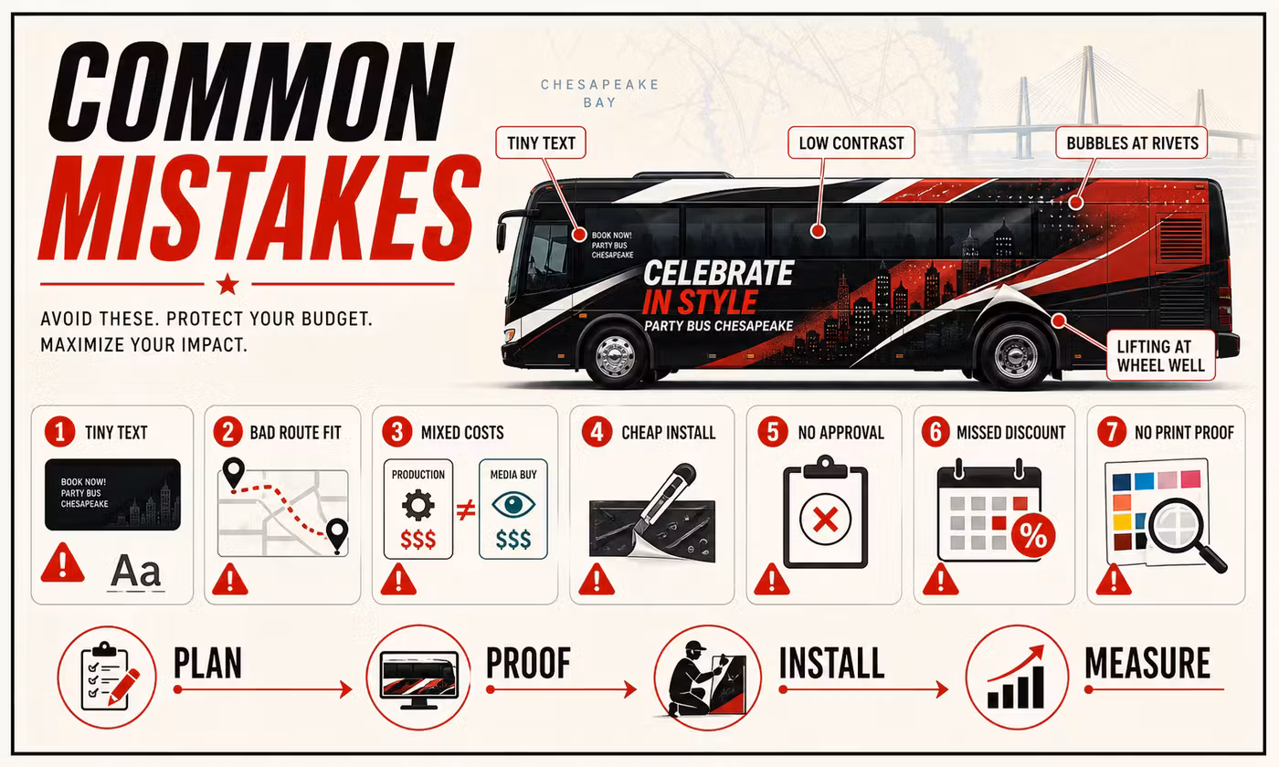 Common bus wrap mistakes including tiny text cluttered creative and weak contrast