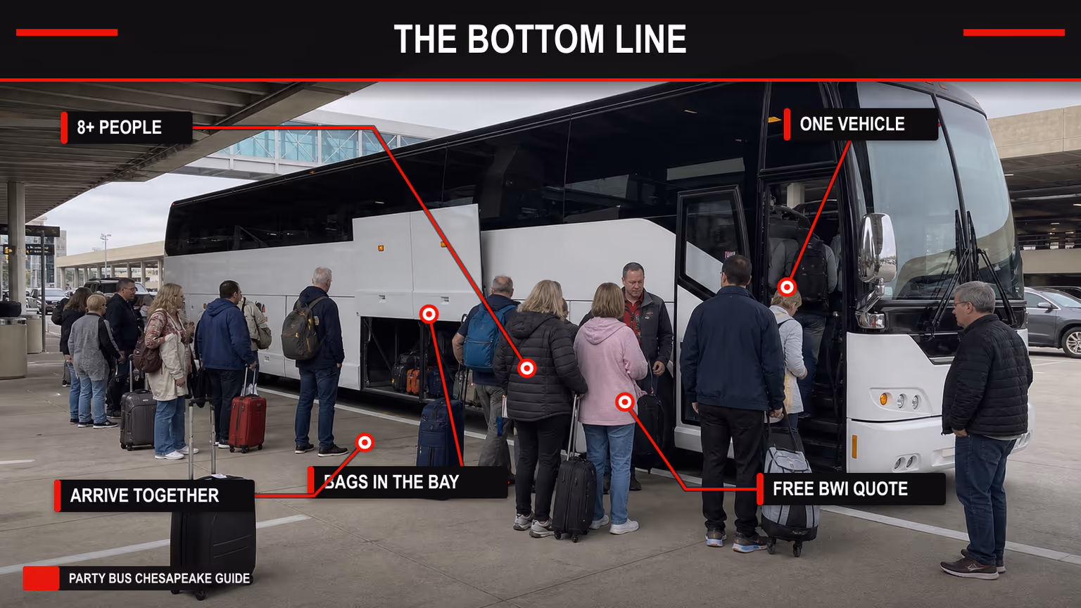 Annotated BWI group shuttle bottom line image showing one vehicle, bags in the bay, arrive together, and free quote callouts