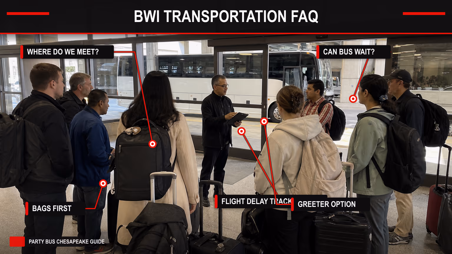 Annotated BWI baggage claim group transportation FAQ image with meeting point, flight delay tracking, greeter option, and bus waiting callouts