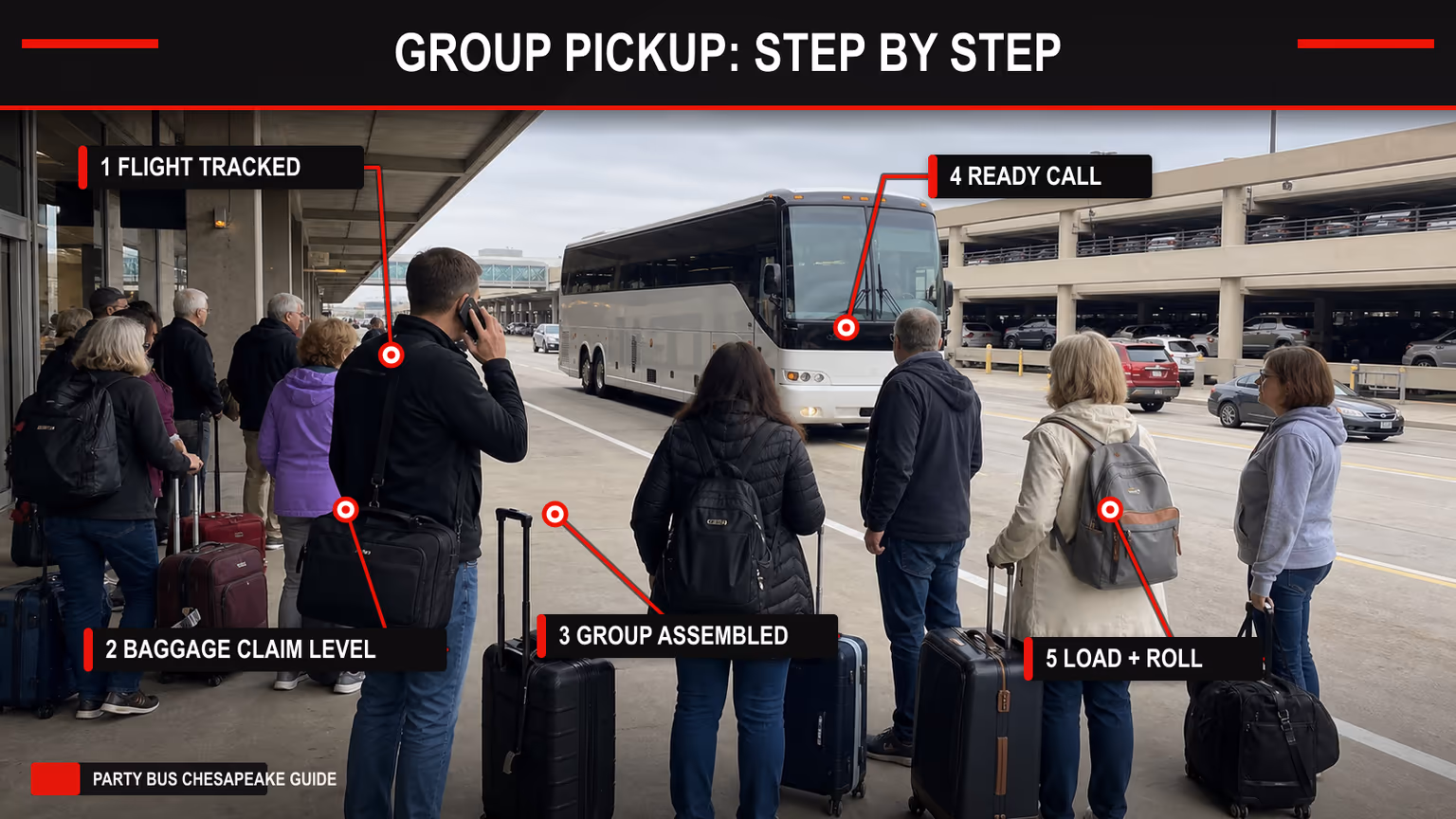 Annotated BWI group shuttle pickup sequence with passengers, luggage, charter bus, and step-by-step callout labels