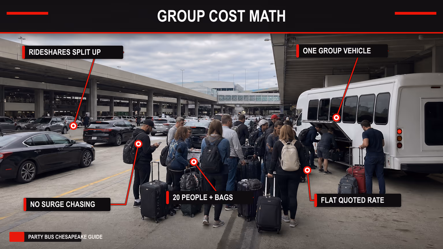 Annotated BWI curbside group cost math image comparing split rideshares with one flat-rate group vehicle
