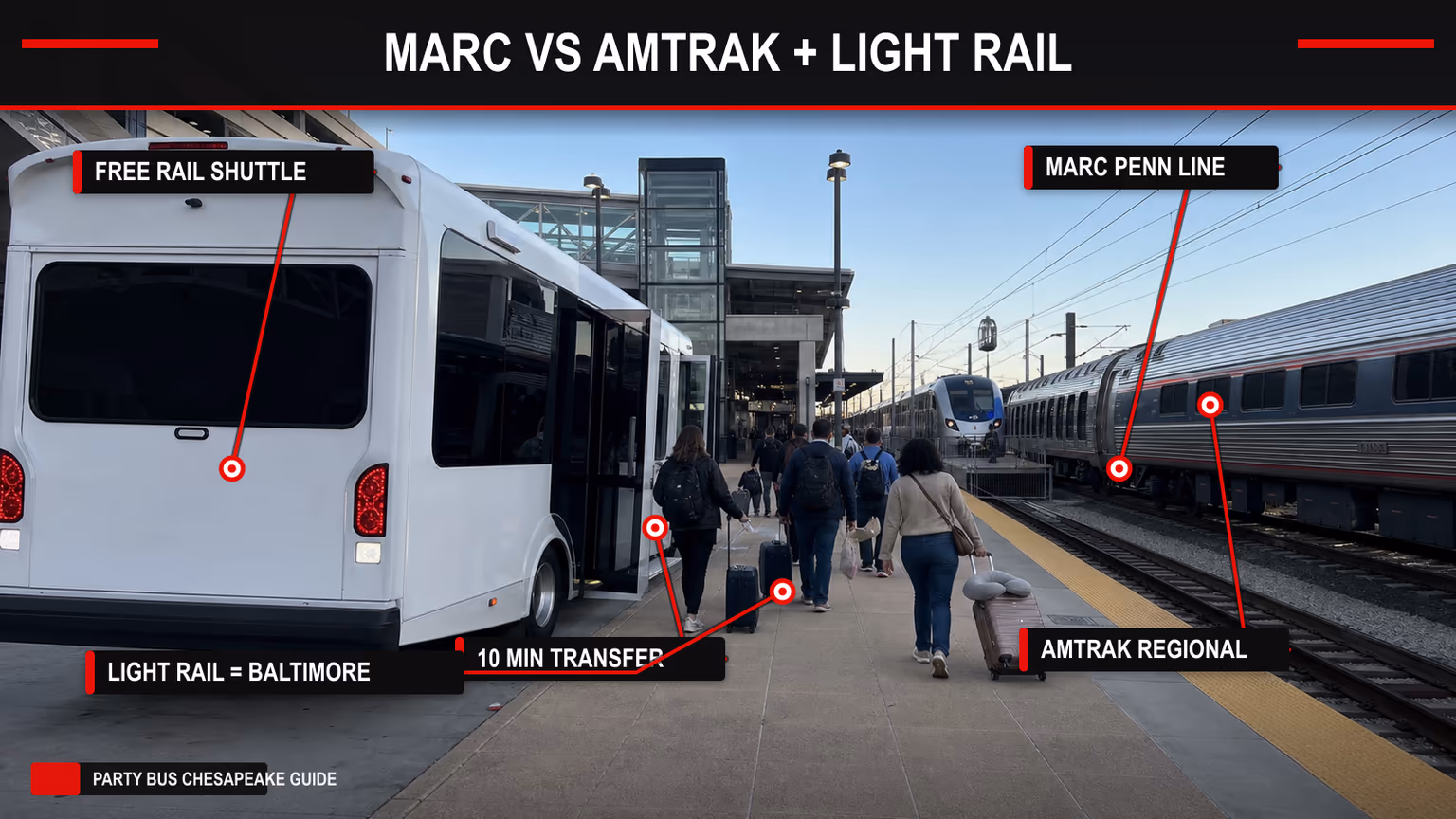 Annotated BWI rail station scene comparing free rail shuttle, MARC Penn Line, Amtrak Regional, and Baltimore Light Rail