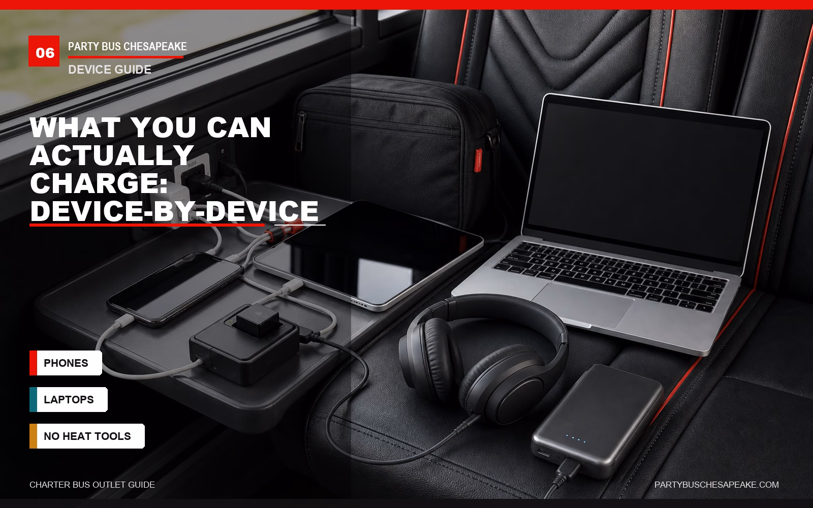 Organized charter bus charging setup with phone, laptop, tablet, and accessories plus branded device guide text