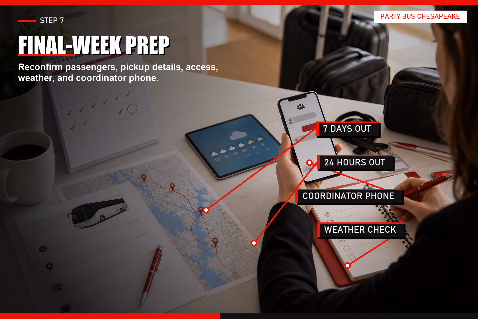 Annotated final-week charter bus preparation image with callouts for seven-day check, 24-hour text, coordinator phone, and weather plan.