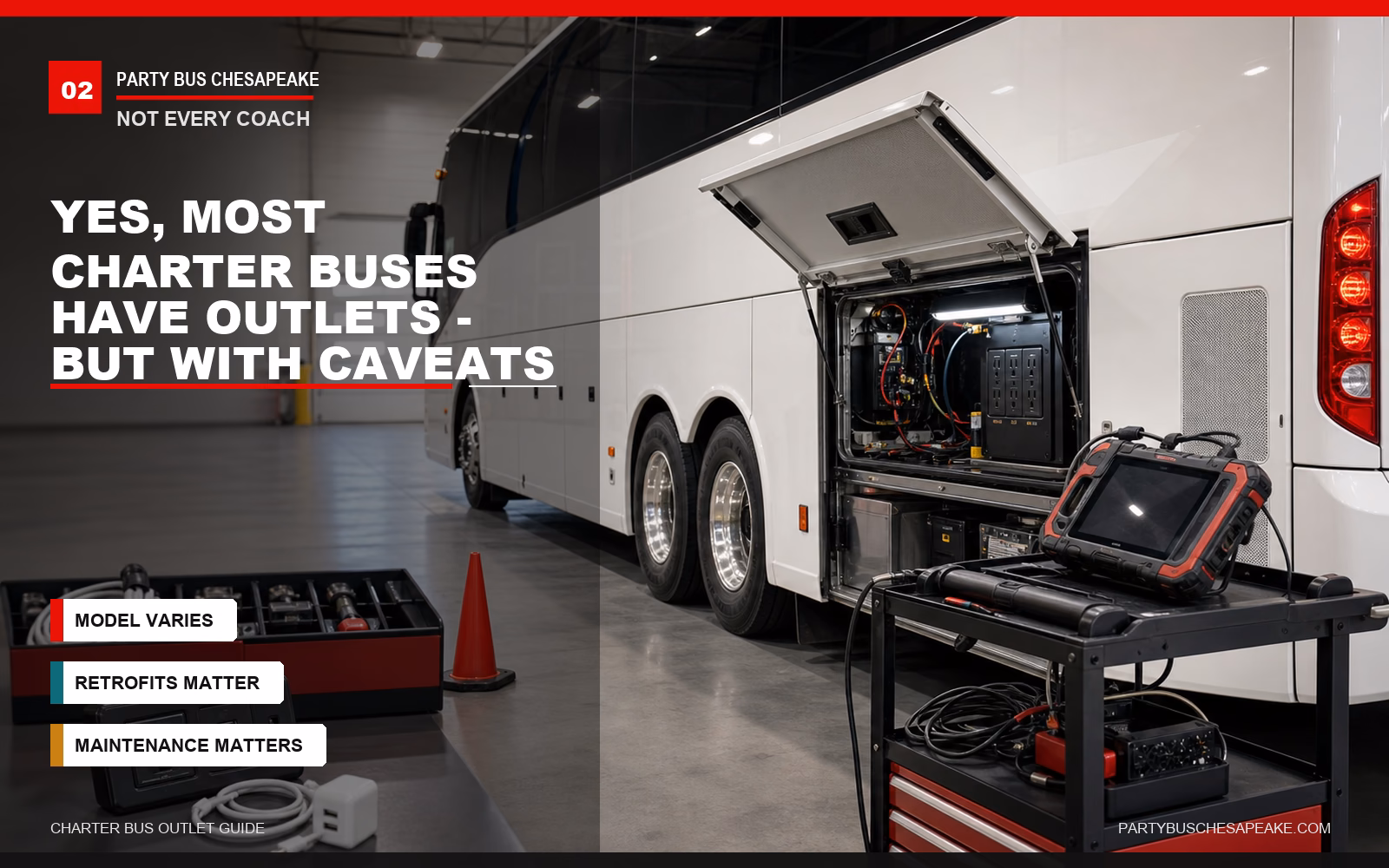 Modern coach in a maintenance bay with branded caveat text about outlet availability varying by vehicle