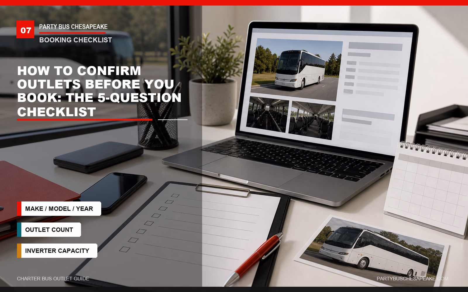Professional booking desk with laptop and checklist overlaid with branded five question charter bus outlet checklist text