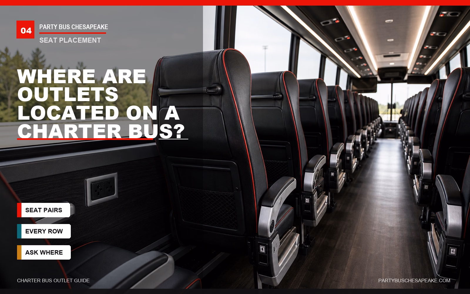 Modern charter bus aisle and seat rows with branded text explaining where outlets are commonly located
