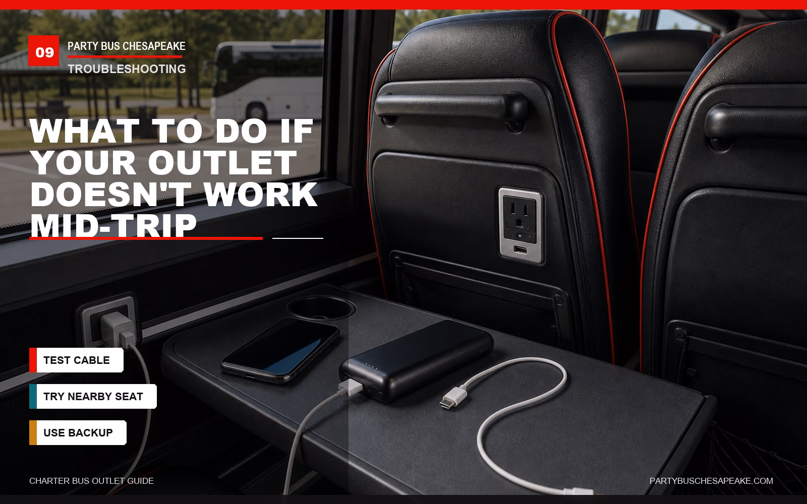 Charter bus seat outlet and charging cable scene with branded troubleshooting text for a dead outlet
