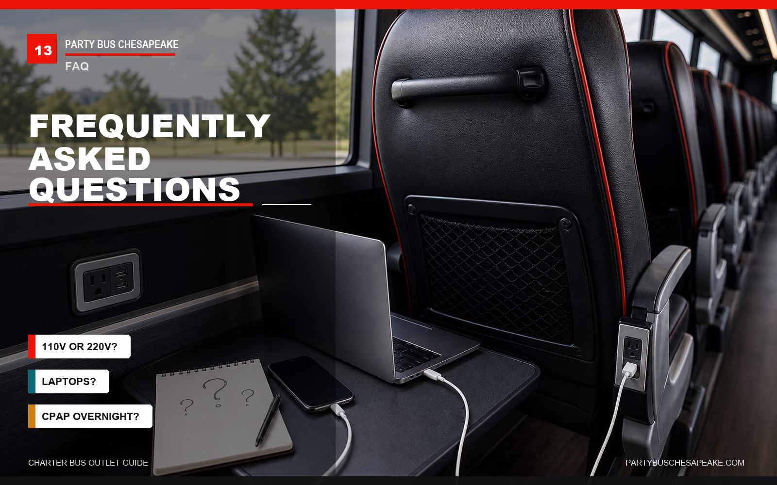 Modern charter bus seat row with outlet and laptop charger plus branded FAQ text