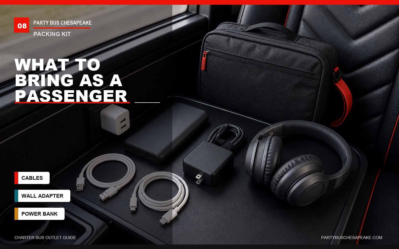 Passenger charging kit on a charter bus seat with branded packing checklist text