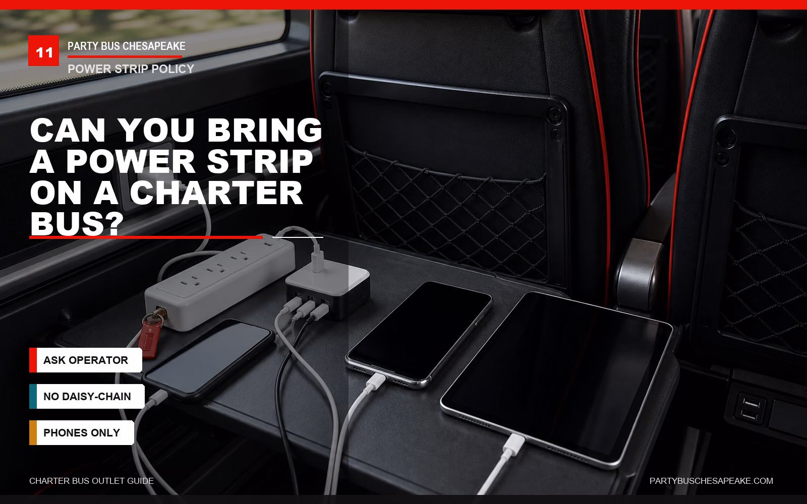 Compact power strip and USB charging hub on a charter bus seat with branded policy text