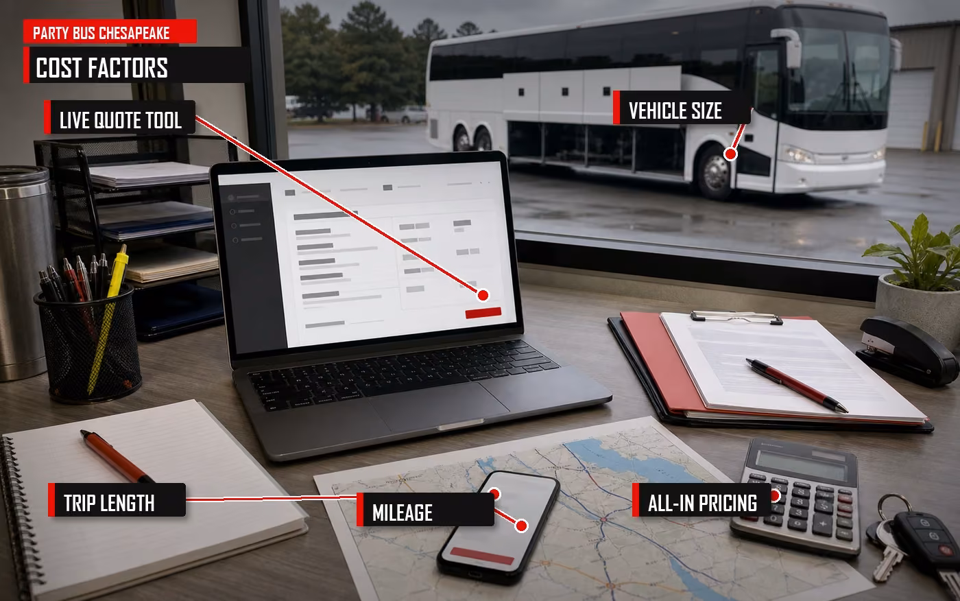 Annotated charter bus pricing desk showing vehicle size, trip length, mileage, and all-in pricing factors