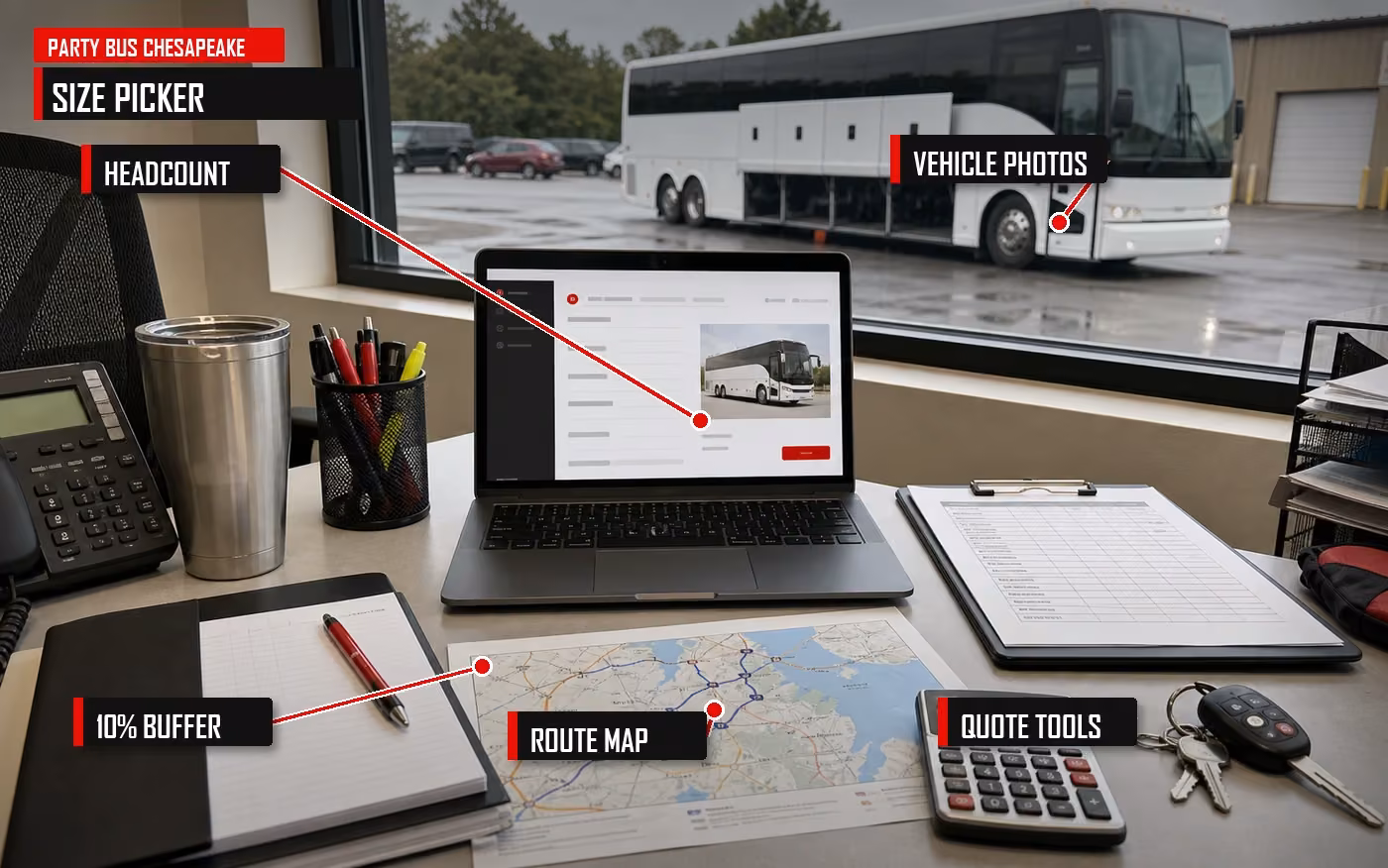 Annotated charter bus planning desk with headcount, buffer seats, route map, vehicle photos, and quote tools
