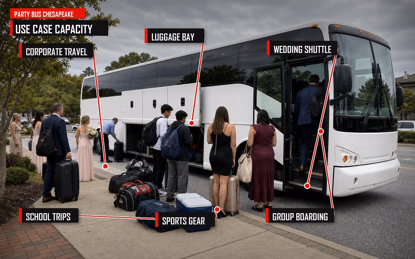 Annotated Hampton Roads bus pickup showing corporate travel, wedding shuttle, school trips, sports gear, and group boarding