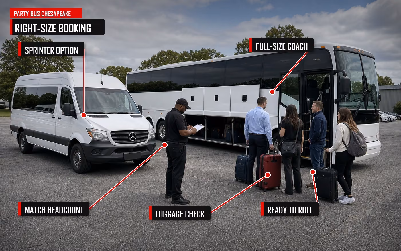 Annotated local bus pickup with Sprinter option, full-size coach, dispatcher matching headcount, and luggage check