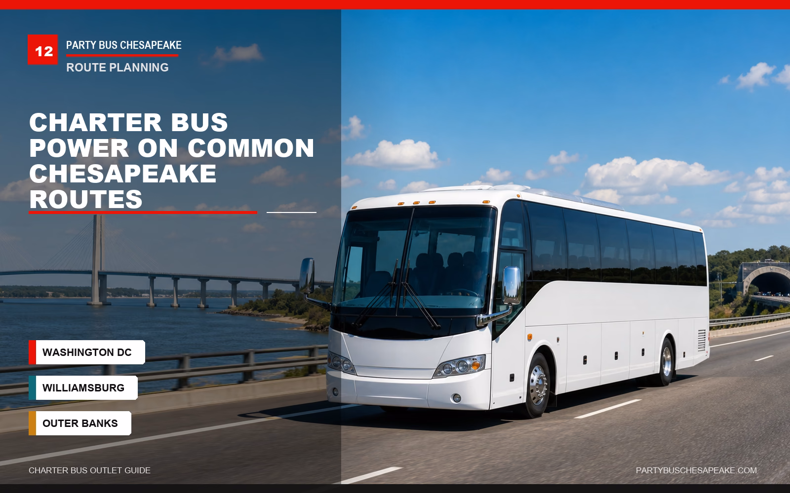 White charter bus traveling near Hampton Roads water and bridge infrastructure with branded Chesapeake route planning text