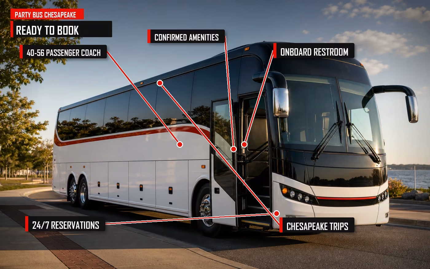 Annotated booking graphic for choosing a bathroom-equipped charter bus in Chesapeake