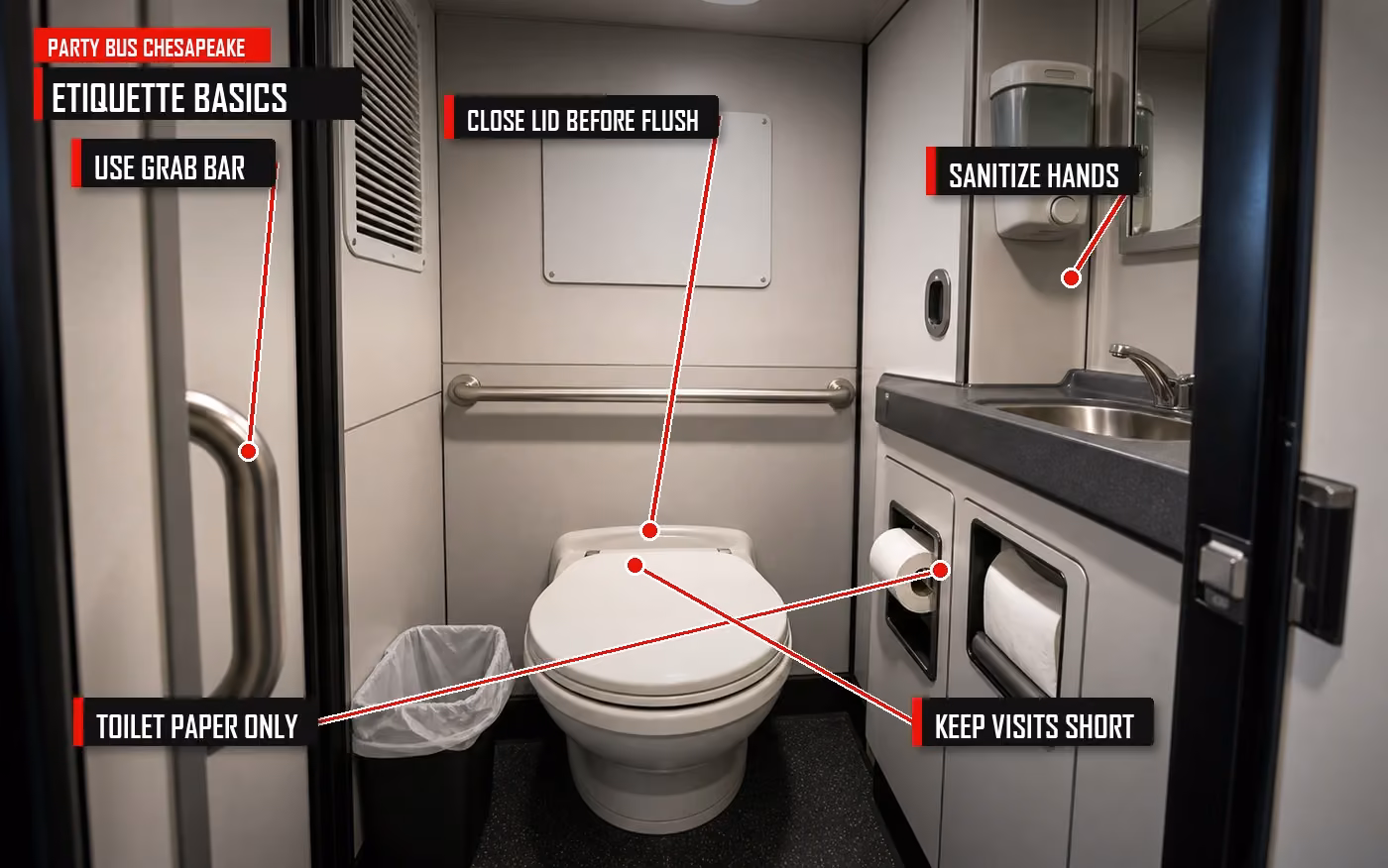 Annotated charter bus bathroom etiquette guide with passenger best-practice callouts