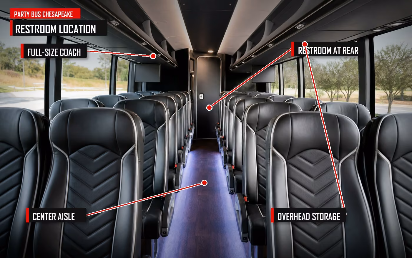Annotated callouts showing the rear restroom location inside a full-size charter bus