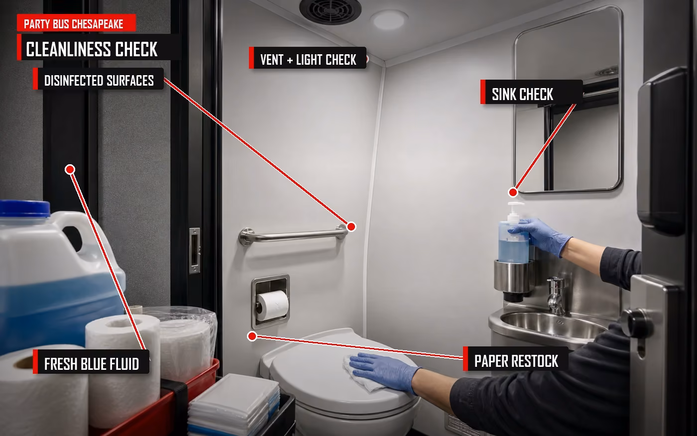Annotated clean charter bus bathroom with sanitation and maintenance callouts