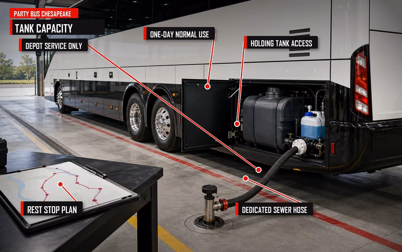 Annotated holding tank capacity guide for charter bus restroom planning