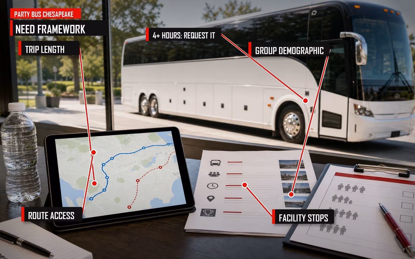 Annotated trip planning graphic showing when a charter bus restroom matters for Chesapeake groups