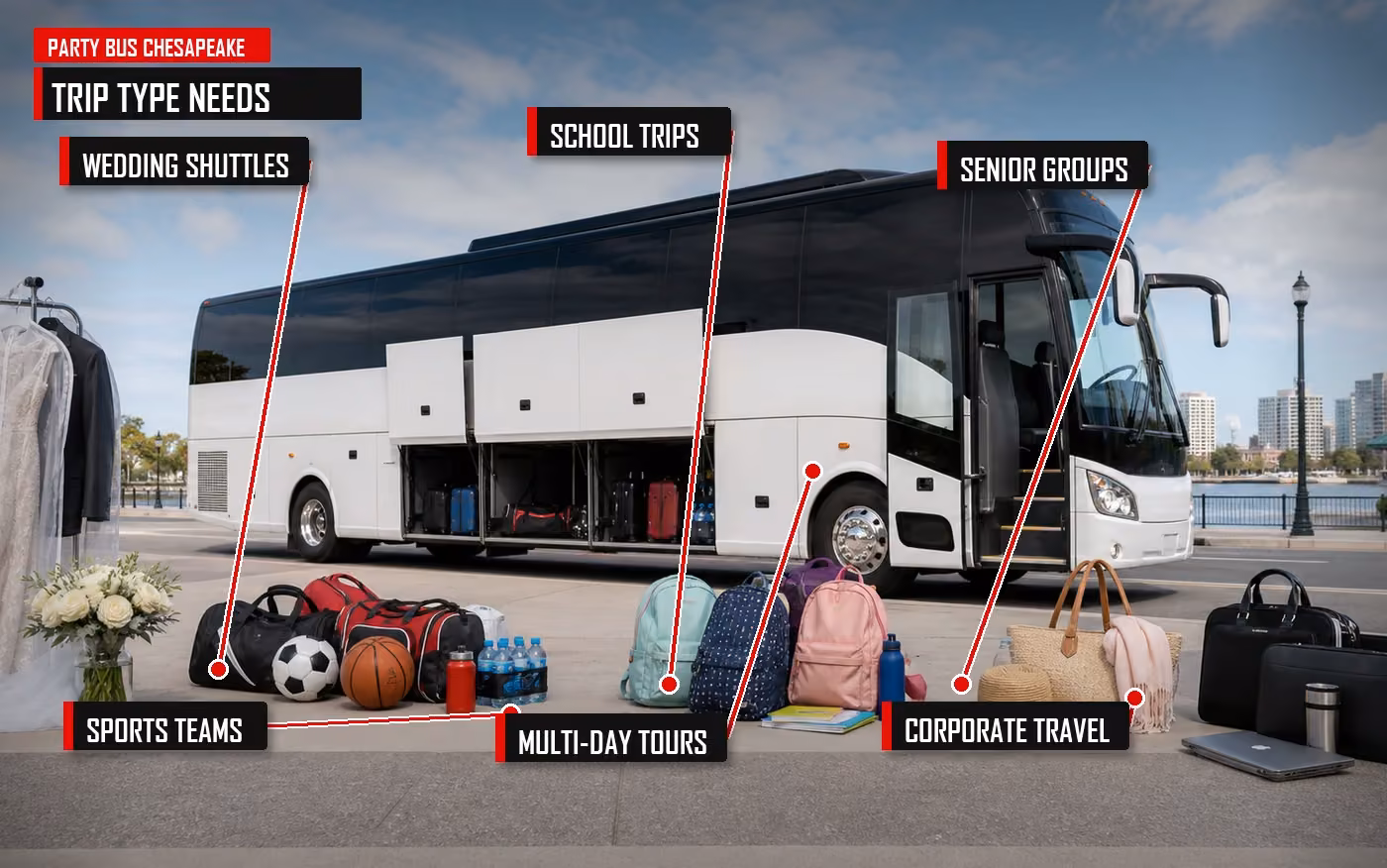 Annotated trip type guide for restroom needs on school trips, weddings, corporate trips, and long-distance charters