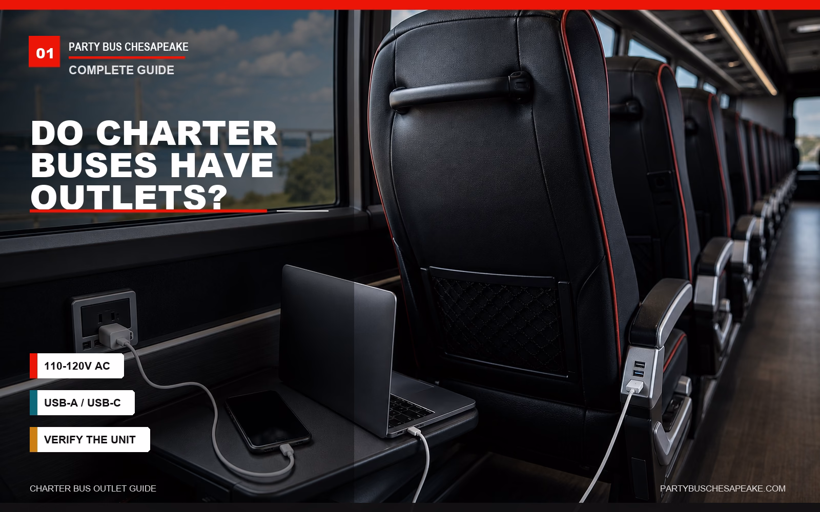 Realistic charter bus interior with passenger charging ports and branded guide text answering whether charter buses have outlets