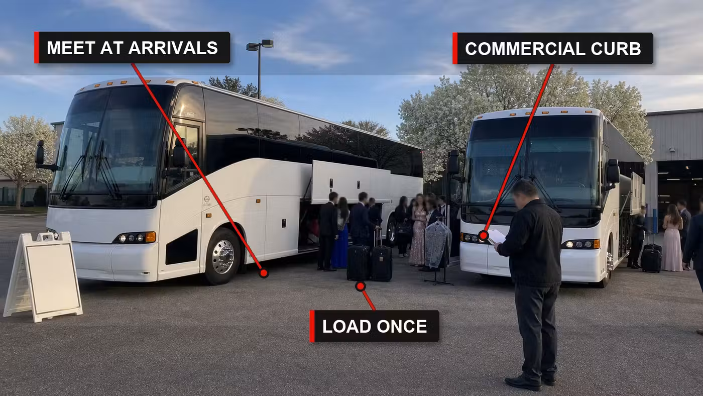 Annotated Dulles arrivals curb with group pickup callouts for arrivals meeting, commercial curb, and loading once