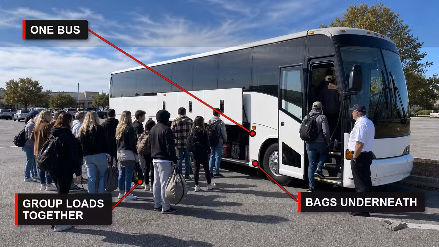 Annotated group charter bus loading scene at IAD with callouts for one bus, coordinated loading, and undercarriage bags
