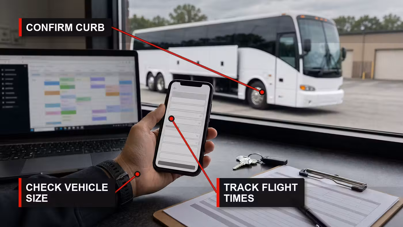 Annotated IAD transportation planning desk with callouts for confirming curb location, flight times, and vehicle size