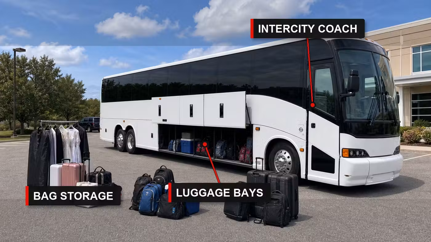 Annotated intercity coach bus with luggage bay and bag storage callouts for IAD bus transportation