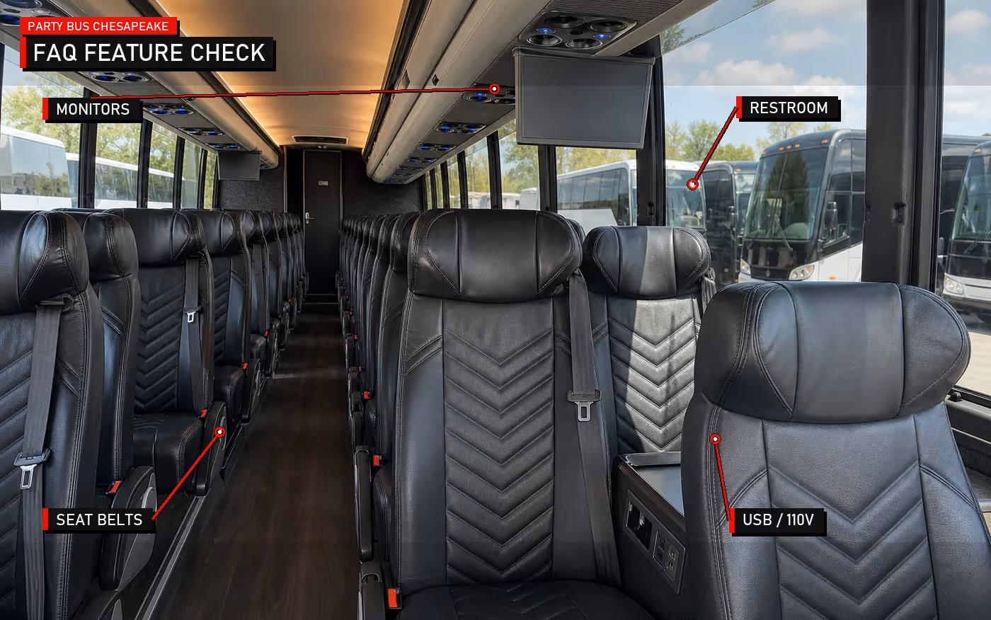 Annotated charter bus FAQ feature image showing monitors, restroom, seat belts, and USB or 110V power