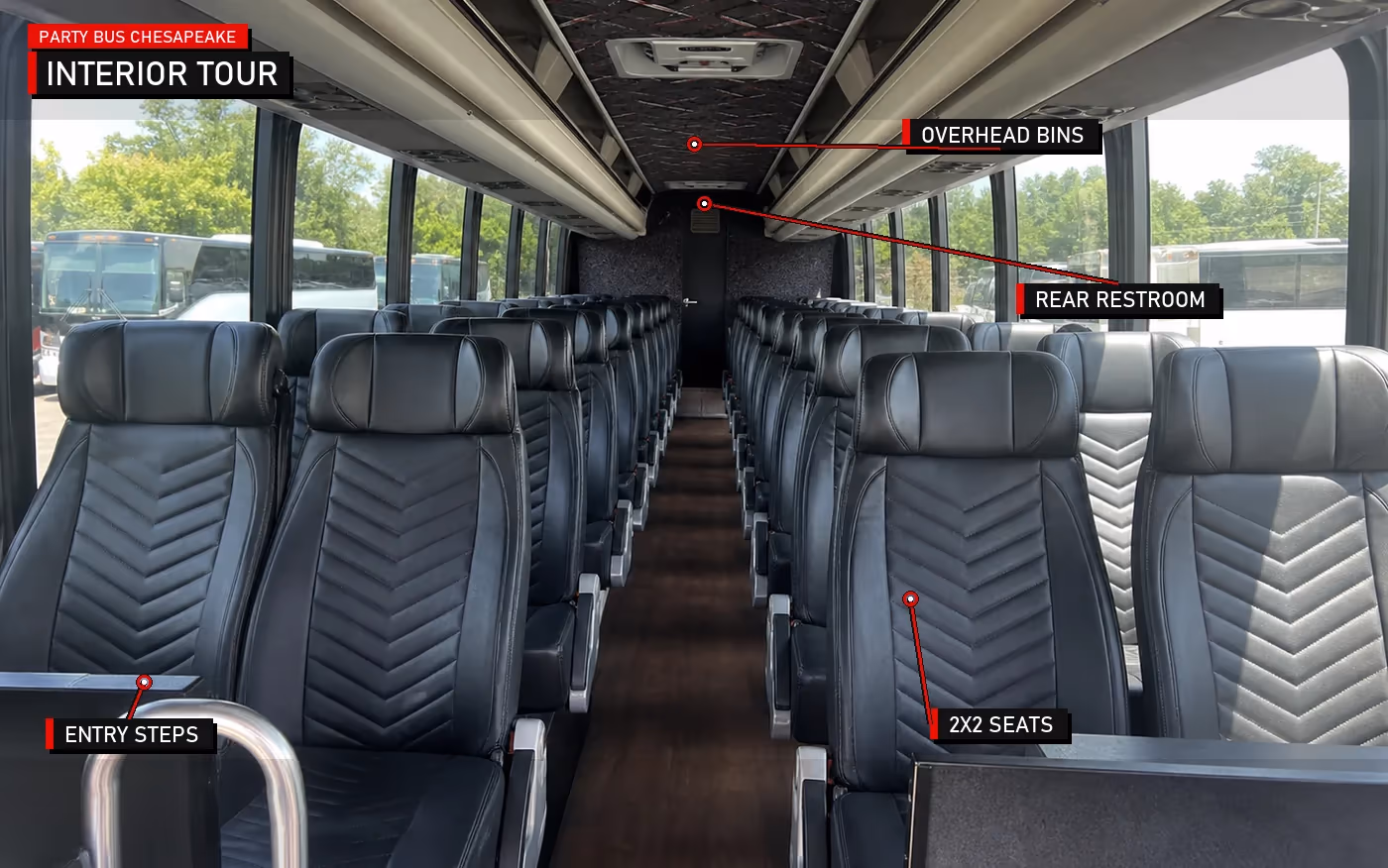 Annotated charter bus interior showing entry steps, 2x2 seating, overhead bins, and rear restroom