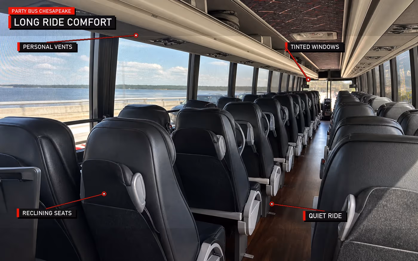 Annotated charter bus long ride comfort features showing personal vents, tinted windows, reclining seats, and quiet cabin
