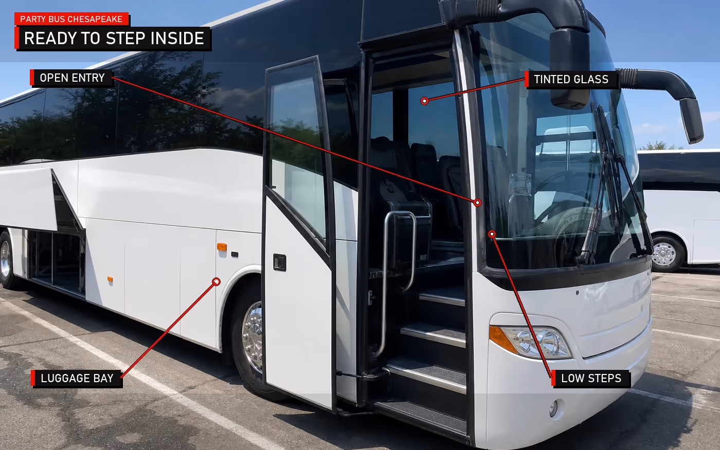 Annotated exterior charter bus photo showing open entry, luggage bay, tinted glass, and low steps