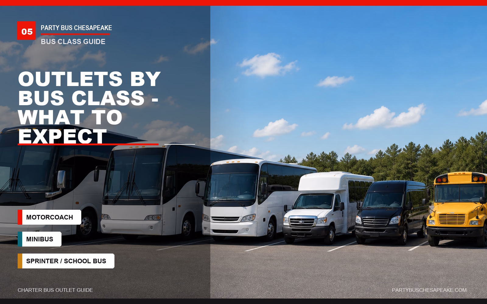 Fleet lineup of coach buses, minibuses, vans, and school buses with branded bus class outlet guide text