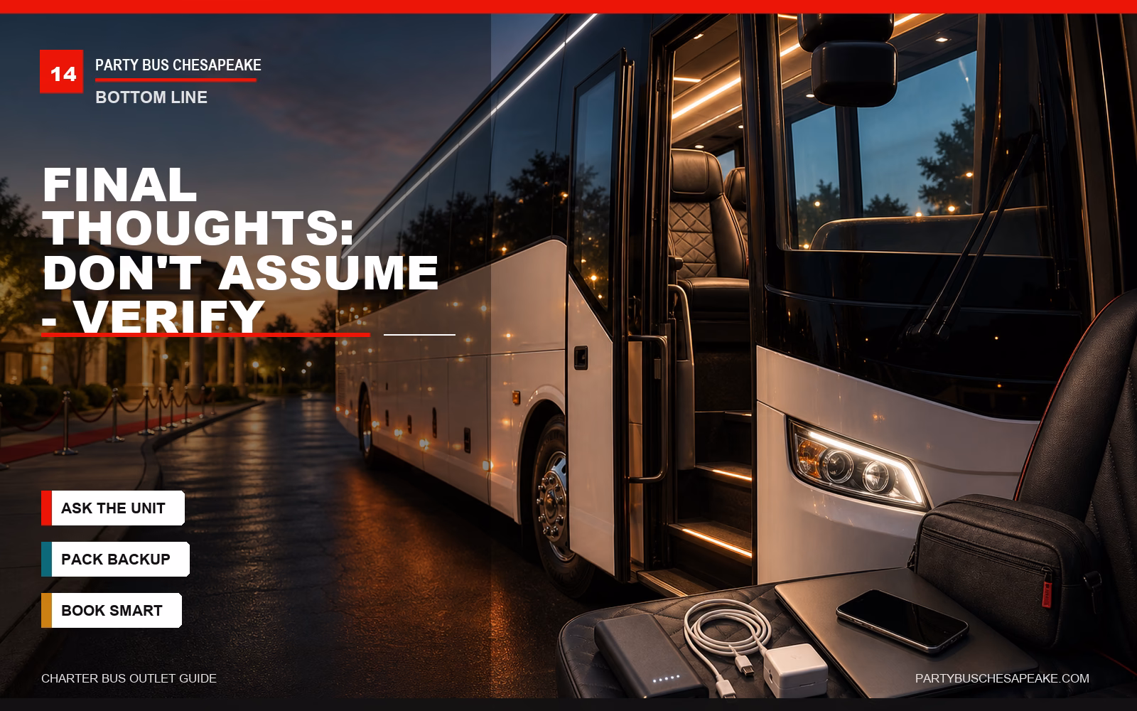 Modern charter bus at dusk with branded final reminder text to verify outlet configuration before booking