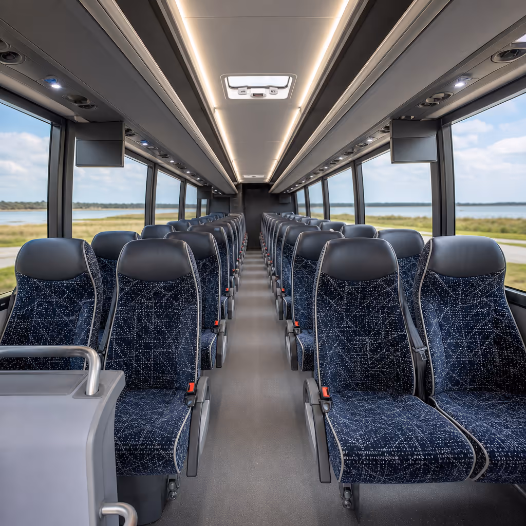 Inside a modern charter bus with cushioned passenger seats and a center aisle